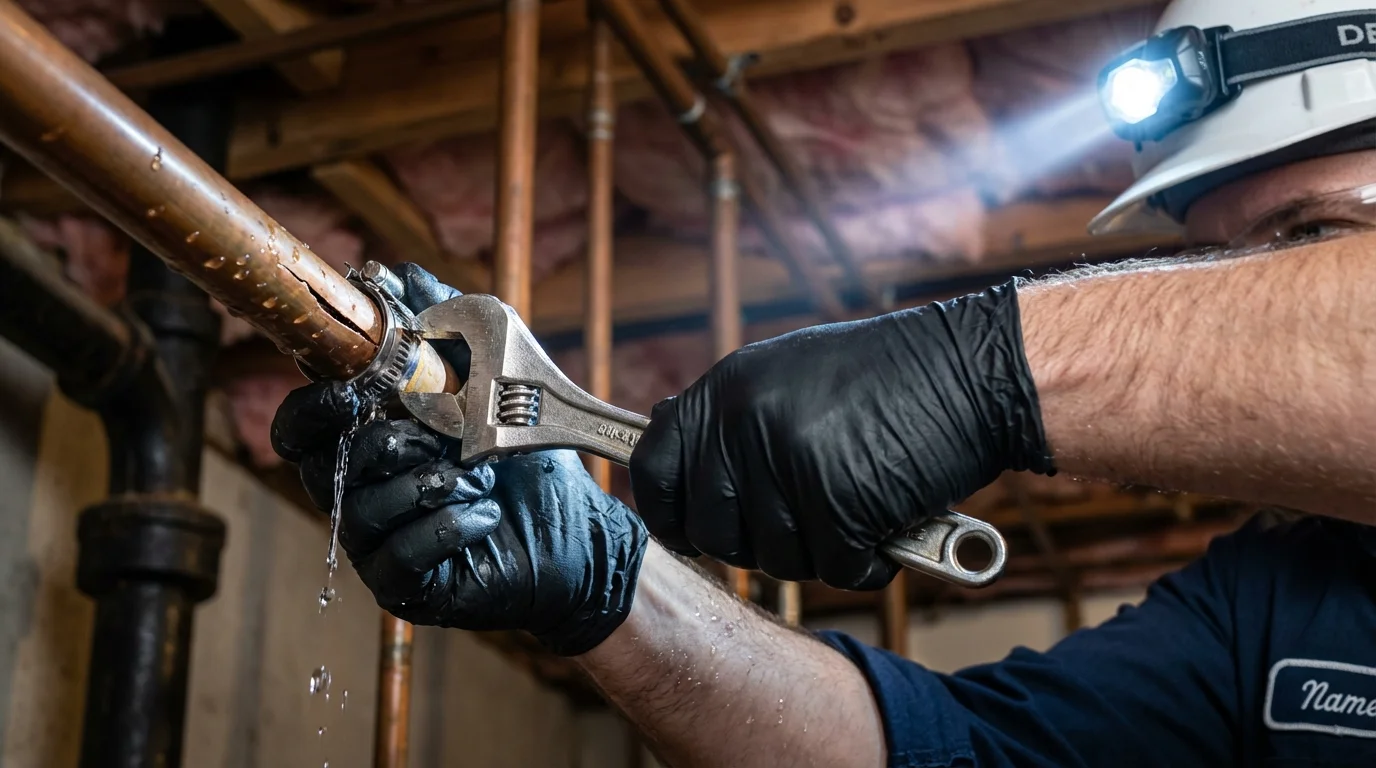 Emergency pipe clamp repair being performed by a Johns Plumbing LLC plumber in Palm Beach